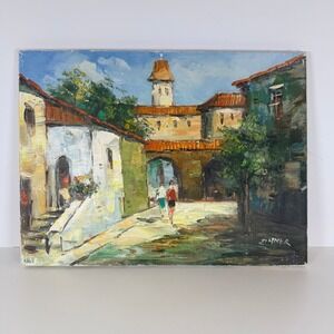 Vintage Oil Painting European Street Scene Signed Landscape Art
